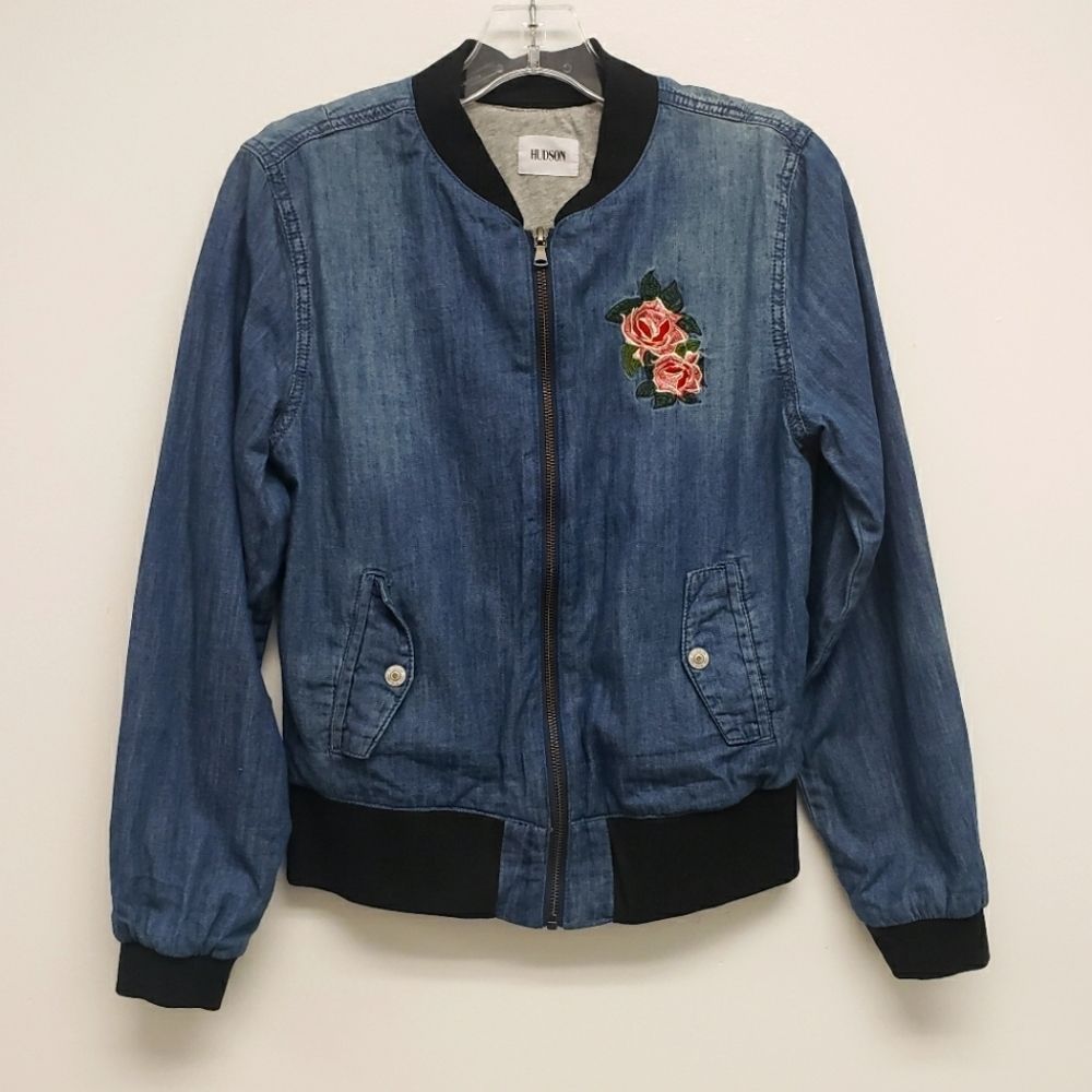 Hudson Lined Light Denim Rose Embroidered Bomber Jacket Size Extra Large